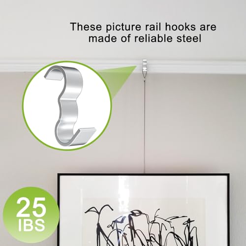 Image of 25 Pack Molding Hooks,Steel Picture Rail Hangers Hooks,Wide Picture Rail Molding Hooks (Silver)