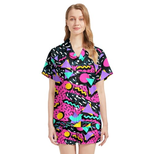 Image of Funny Pajamas for Women Set Print Satin Loungewear Pjs Short Sleeve Button Down Top and Shorts Sets Sleepwear XS-3XL