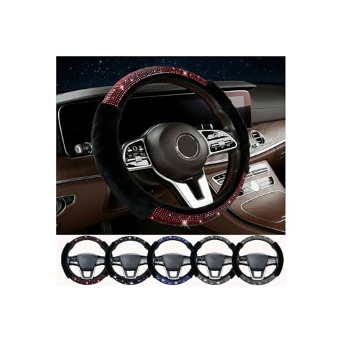 Muamos Funda de volante brillante para mujeres y niñas, con diamantes de imitación rojos, accesorios de volante esponjosos, accesorios elásticos para volante, para invierno, ajuste universal, 14-15
