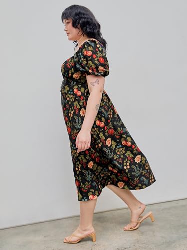 CIDER Plus Size Midi Dress Summer Fruit Patterned Square Neck Puff Sleeve Boho Vacation Casual Midi Dress for Curvy Women4