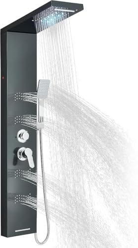 Image of Black Shower Panel Tower System with LED 5 in 1 Overhead Rainfall 2 Body Massage Handheld Shower Waterfall Bath Spout Shower Column Tower