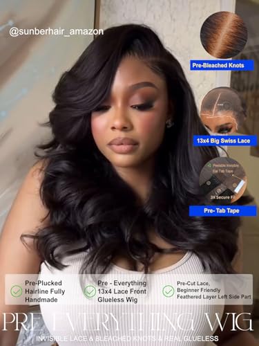 Image of 13x4 HD Lace Front Body Wave Glueless Wigs with Feathered Layer Left Side Part 200% Density Wig Drawstring Pre Cut Pre Plucked Pre Bleached Knots 20Inch