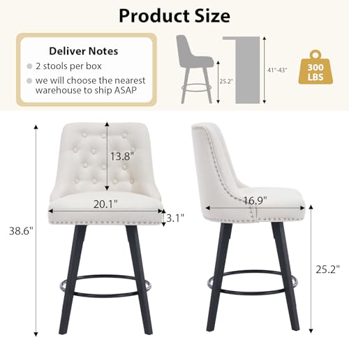 Butacos giratorios de barra, set de 4 unidades, con respaldo acolchado y tapizado en lino, altura para barra (25''), diseño moderno para isla de cocina o bar en casa, color beige miniatura 2