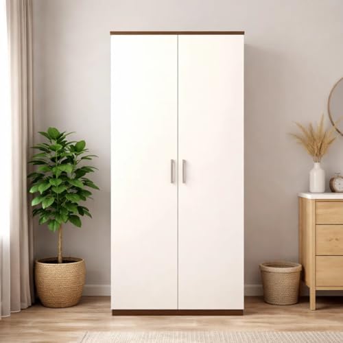 Image of CASPIAN Engineered Wood 2 Door Wardrobe (White & Brown) | Pre-Assembled Furniture with Hanging Space | Cupboard /Almirah for Bedroom Clothes Storage Organizer with 2 Shelves & 1 Drawer