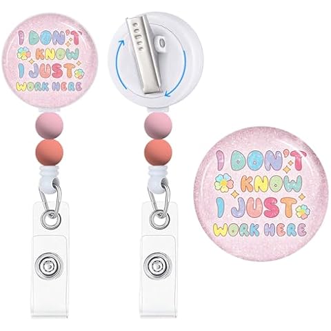 Gctriki Cute Badge Reels Retractable with Beads, Fun I Don't Know I Just Work Here Badge Reel Retractable with Alligator Clip, Nursing Teachers Id Badge Holders Retractable Keychain Name Badge Clip Cover