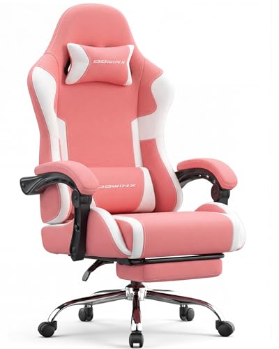 Image of Dowinx Ergonomic Gaming Chair with Footrest & Massage Lumbar, 2D-Linkage Armrests for Computer Chair 330lbs with Headrest Pillow for Office, Home, Streaming and Long Gaming Sessions, Fabric Pink White