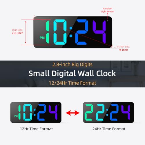 Image of LED Digital Wall Clock with Dynamic RGB Display, Big Digits, Auto-Brightness, 12 /24Hr Format, Modern Electric Small Silent Wall Clock for Living Room, Bedroom, Classroom, Farmhouse, Kitchen, Office