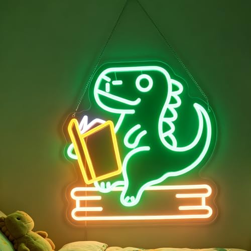 Image of Reading Dinosaur Neon Sign, Book Lover Led Neon Light, Bookish LED Sign, Bookworm Reading Club Light, Kid's Room Decor, Game Room Wall Art, Christmas & Birthday Gifts