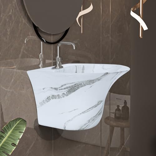 Image of REMANENCE Luxury Wall Mount Half Pedestal Wash Basin for Bathroom | Designer Wall Hung Basin | Wall Mounted Washbasin for Resturent, Hotels (16 x 16 x 11 Inch) (Designer Grey)
