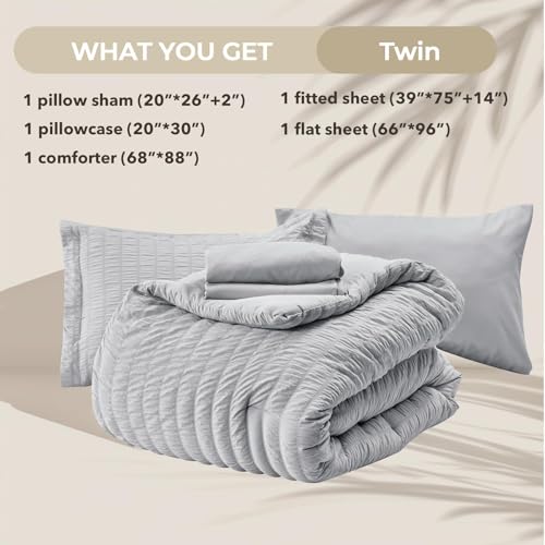 Image of HYMOKEGE Light Grey Twin Comforter Set Seersucker 5 Pieces, All Season Luxury Bed in a Bag for Bedroom, Bedding Set with Comforters, Sheets, Pillowcase & Sham