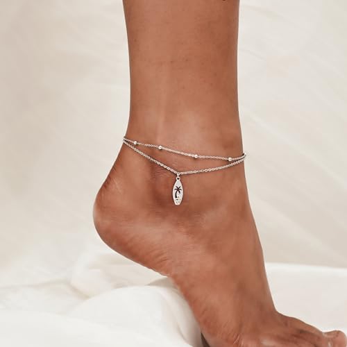 Image of CHIC & ARTSY 925 Sterling Silver Ankle Bracelets for Women, Dainty Adjustable Layered Foot Chains with Symbolic Charms, Boho Beach Everyday Lightweight Jewelry
