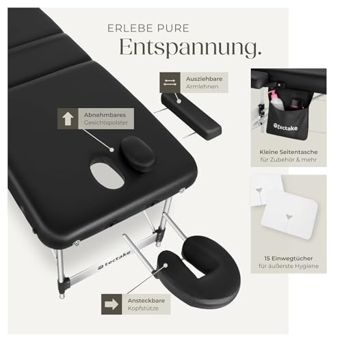 tectake® Massageliege 3 Zonen, Massagetisch, Massageliege klappbar, höhenverstellbare Aluminium Massageliege, Massagebett tragbar inkl. Zubehör, Kopfstütze, Armlehne, Tragetasche - schwarz 3