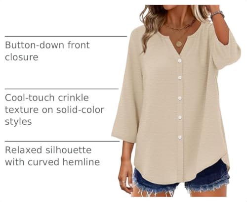 Image of OFEEFAN Button Down Shirts for Women 3 /4 Length Sleeve Tops V Neck Blouses Business Casual Outfits Loose Fit