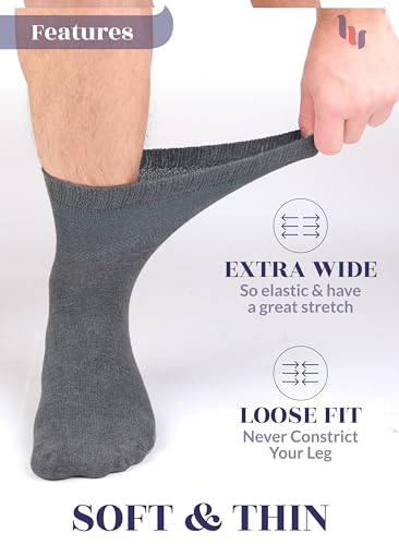 Hugh Ugoli Diabetic Socks for Men, Loose Ankle Socks, Rayon Derived from Bamboo, Extra-Wide, Thin, Seamless Toe, 4-8 Pairs