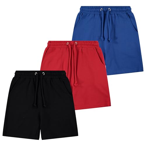 Sezzit Boys’ 3-Pack French Terry Cotton Shorts – Soft Pull-On Activewear Shorts with Drawstring Waist & Pockets, Blue, Red, Black, 14-16