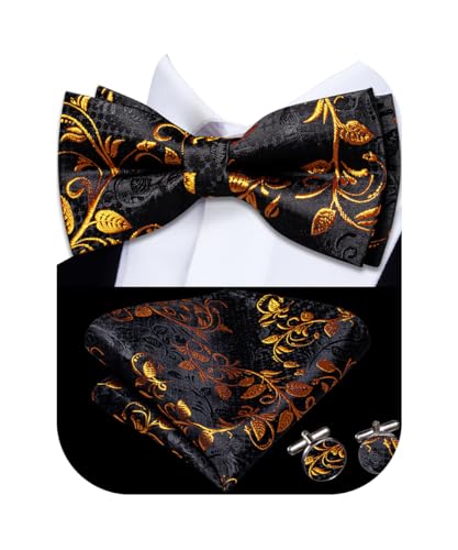 Image of Hi-Tie Pretied Bow Ties for Men Wedding Formal Bow Tie Handkerchief Cufflinks Lapel Pin Set Party Formal Mens Bowtie Set, Black Orange Floral, Medium