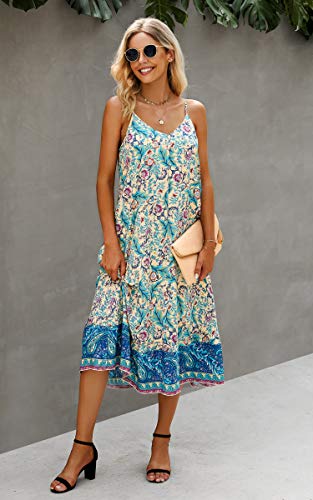 Image of Angashion Women's Dresses Floral Adjustable Spaghetti Strap V Neck Boho Long Maxi Dress Summer Beach Flowy Ethnic Sundress