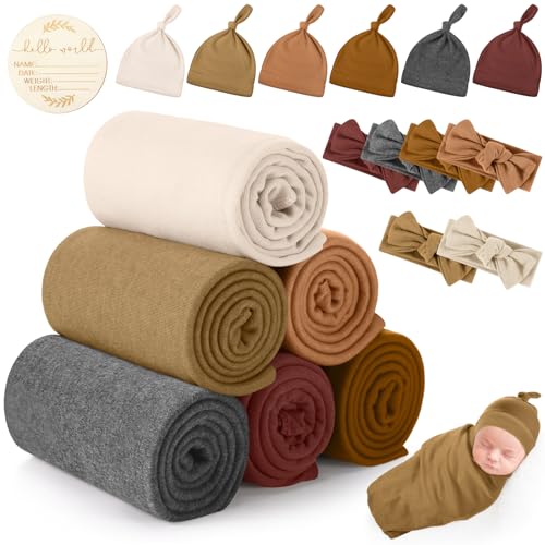 Image of ramede 19 Pcs Baby Newborn Receiving Blankets with Headband Beanie Set 31.5 x 31.5 Inch Stretch Swaddle Nursery Swaddling Wrap Blanket Christmas Baby Gift for Newborn Infant Toddler(Multi Color)