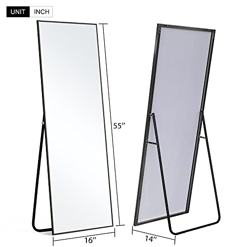 Image of NeuType 55 inchx16 inch Full Length Mirror with Standing Holder Aluminum Alloy Frame Floor Mirror Wall-Mounted Mirror for Living Room, Bedroom, Hanging or Leaning Against Wall, Black (with Stand)