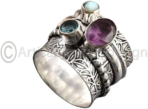 Amethyst Spinner Ring for Women, Handmade 925 Sterling Silver Jewelry, Blue Topaz & Larimar Gemstone Fidget Ring, Wide Band Statement Design