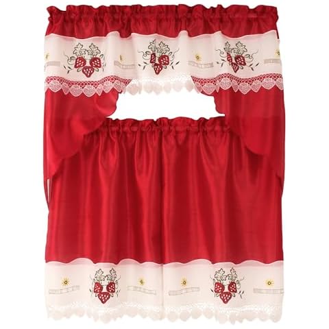 VENICE COLLECTIONS Strawberry Macrame Embroidery Design Kitchen Curtain with Swag and Tier Set 36 inch Red and Cream Color Cover