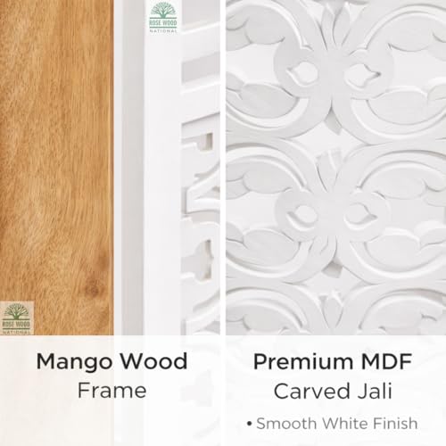 Image of Wooden Room Divider 6 Feet, 4-Panel Folding Wooden Partition for Living Room, Office, Pooja Room, Restaurant, Kitchen & Balcony (2W x 1.82H Meters). (Milky White Shelves)