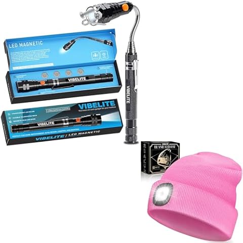 VIBELITE Extendable Magnetic Flashlight with Telescoping Magnet Pickup Tool, USB Rechargeable LED Beanie Hat with Light, Stocking Stuffers for Men Him Husband Boyfriend Dad Father, Pink Cover