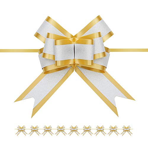 PACKHOME 10 Gold Gift Bows Large, 6.5 inches, Gift Pull Bows for Presents