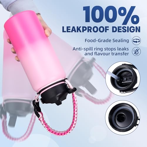Image of Insulated Water Bottle, 32 oz Stainless Steel Wide Mouth Water Bottles with 2 Leak Proof Lid and Paracord Handle, Double Wall Vacuum Insulated Sports Water Bottle, Hot Pink