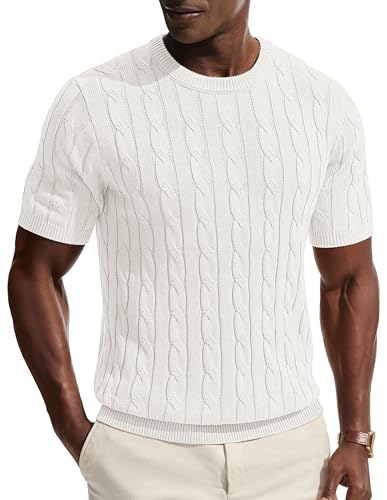 PJ PAUL JONES Mens T-Shirts Casual Tee Shirts Textured Crew Neck Tees Cable Knit Stylish T Shirt Summer White