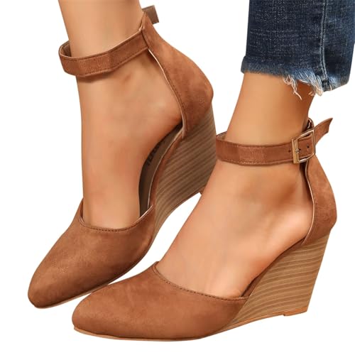 Closed Toe Wedges for Women,Wedges Heels for Women Closed Toe,Ankle Strap Heeled Espadrilles Sandals Comfortable,Ladies Comfortable Cork Summer Dress Shoes for Beach Wedding2
