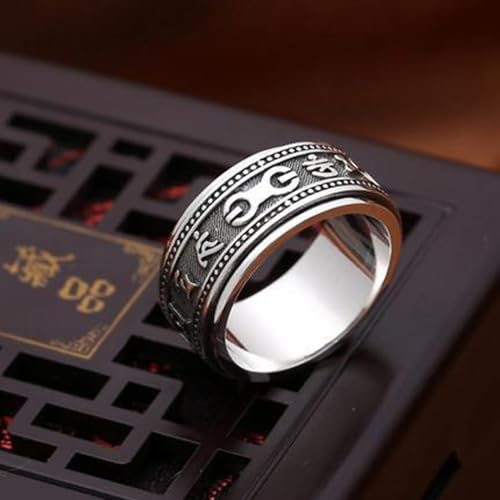 Feng Shui Ring, Retro Tibetan Buddhist Ring, Six-Word Mantra Rings, Sterling Silver Spinner Rings for Men Women, Chinese Wealth Amulet, Good Luck Jewelry4