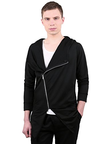 uxcell Men's Inclined Zip Fastening Casual Hooded Sweatshirt Cardigan Black L US 44