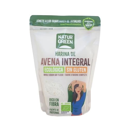 NaturGreen - Harina de Avena Integral Sin Gluten Bio, 500 g, Harina Ecológica 100% Vegana, Alta en Fibra y Proteínas, Ideal para Repostería Saludable, Panes y Tortitas