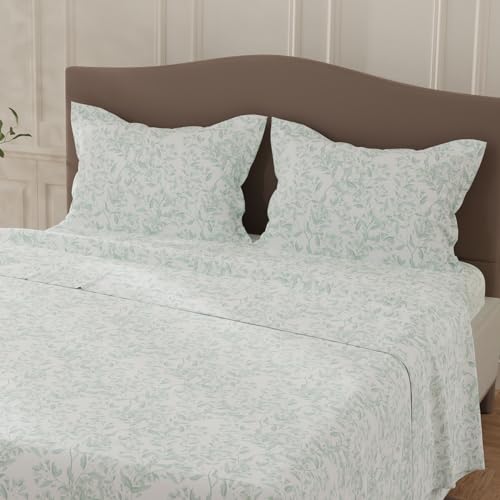 Image of Layers 100% Cotton Bedsheet for Double Size Bed | Lumina Floret Collection | 144 TC Soft & Breathable | Floral Print with 2 Pillow Covers | Wrinkle Free | 3 Piece Bedding Set - Green & White