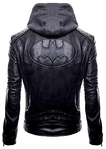 New Batman Logo Motorcycle Brando Biker Real Leather Hoodie Jacket - Detach Hood (M-44), Black