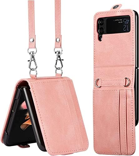 ZCDAYE Wallet Case for Samsung Galaxy Z Flip 4 Case,Samsung Z Flip 4 5G (2022) Case, Z Flip 4 Leather Case with Card Holder and Long Lanyard- Pink