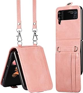 ZCDAYE Wallet Case for Samsung Galaxy Z Flip 4 Case,Samsung Z Flip 4 5G (2022) Case, Z Flip 4 Leather Case with Card Holder and Long Lanyard- Pink