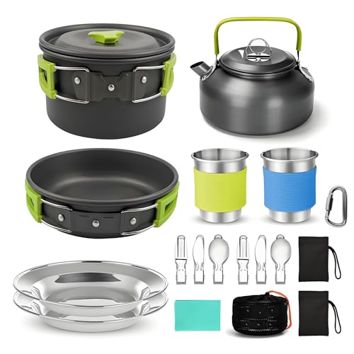 Set de Casseroles de Camping Portable - Léger en Aluminium,Durable et Compact avec Bouilloire et Ustensiles,Inclut Marmite,Poêle, Légère, Empilable pour Camping, Randonnée et Voyage (Vert)