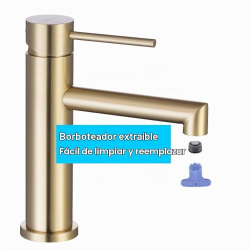 Miniatura 2 de Onece Grifo De Lavabo Oro, Grifería Baño Monomando Dorado, Mezclador De Acero Inoxidable 304 Anti-Ruido, Aireador Extraíble, Agua Fría Y Caliente, Válvula De Cerámica