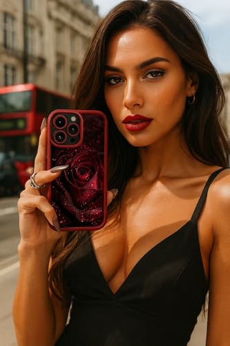 Image of COVERLY Red Rose Water Back Case for iPhone 12 Pro | 3D Gorgeous Raindrop Flower Cute Design | Camera Lens Protection | Soft TPU Silicone Aesthetic Print Cover for Girls & Women (Red, Shockproof)