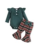 Picture of Newborn Girl Clothes 3-6 Months Baby Girl Festive Outfit Christmas Dark Green Long Sleeves Romper Plaid Flared Pants Fall Winter Clothing for Little Girls Overall Set