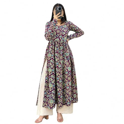 Image of Women's Cotton Nayra Cut Kurti for Women | Full Sleeves Printed Long Kurta | Stylish Flared Ethnic Wear Kurti, Casual & Festive Occasion