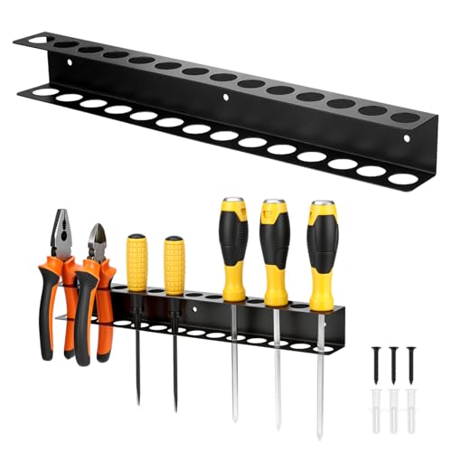 QWORK Screwdriver Plier Organizer Wall Mount Heavy Duty Metal Utility Storage Rack for Small Tools 14 Slot Pliers Holder for Garages & Workshops