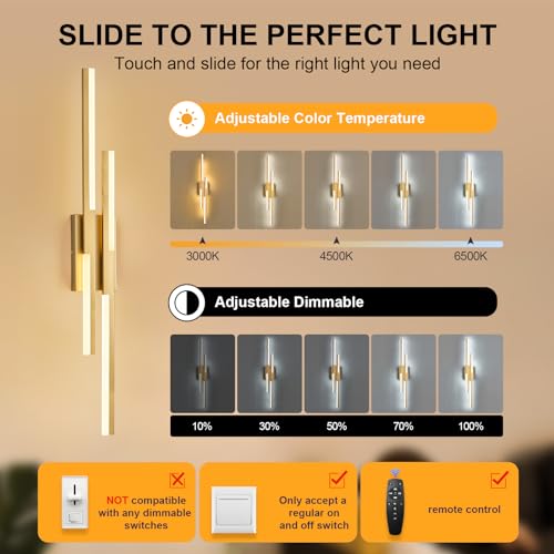 Image of Benkut Modern LED Wall Sconce Gold Remote Wall Light Fixtures for Bathroom, Dimmable Vanity Light Indoor LED Remote Wall Sconce for Living Dining Room Bedside Bedroom (3000-6500K 35.4inch)