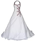 Seidenweicher Satin und Organza, sehr angenehm zu tragen. Sehr schön mit bordeauxroter Stickerei, Perlen, Pailletten und Schnürband verziert.