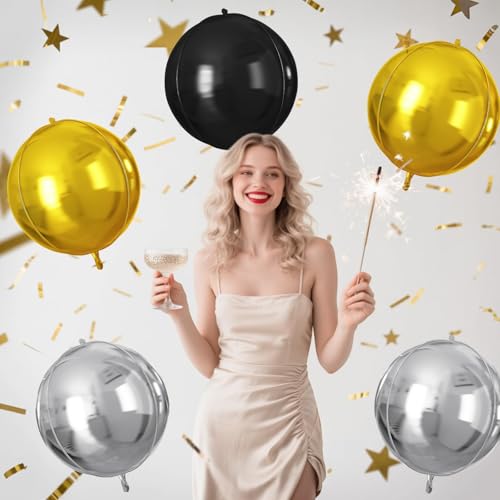 Image of 9 Pcs Black Gold Silver Round Foil Balloons,22 Inch Round Balloons
