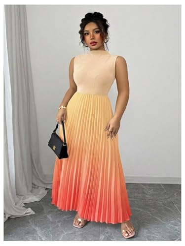 Image of SOLY HUX Women's Plus Size Summer Ombre Sleeveless Flowy Maxi Dress | Birthday, Pleated A Line, Mock Neck, Formal Outfits,Cocktail, Wedding, Graduation