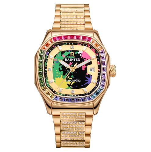RAINTEN R9011A Men&rsquo;s Automatic Watch &ndash; Colorful Graffiti Dial, Square Case, Multicolor Zircon...