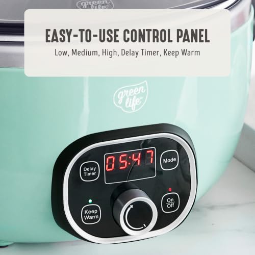 Image of GreenLife 6QT Ceramic Slow Cooker, PFAS-Free, Programmable, Removable Healthy Nonstick Pot for Family Meals, Sear on Stovetop, Keep Warm, Digital Timer, Dishwasher Safe Crock, Turquoise